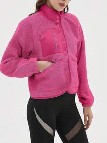 Women's Pellet Fleece Jacket,Soft Fuzzy Long Sleeve Short Winter Coat,Button Down Cozy Plush Outerwear - 玫紅色 - 查看 5