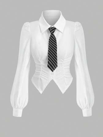 女士新款时尚百搭通勤系领褶裥前襟纽扣长袖衬衫