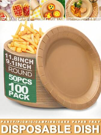 100/50 pièces Assiettes en papier kraft compostables de 28 cm/23 cm. Assiettes jetables pour barbecue, dîner, pique-nique, usage en vrac (certifié RTS et FDA) avec film de protection