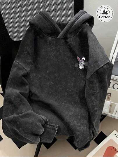 Men's Autumn And Winter Cartoon Pattern Hooded Sweatshirt Top, Slightly Elastic Fit, Washed And Distressed, Plush And Cotton Black Pullover Long-Sleeved Sweatshirt, Casual Daily Back-To-School Season Hoodie Top