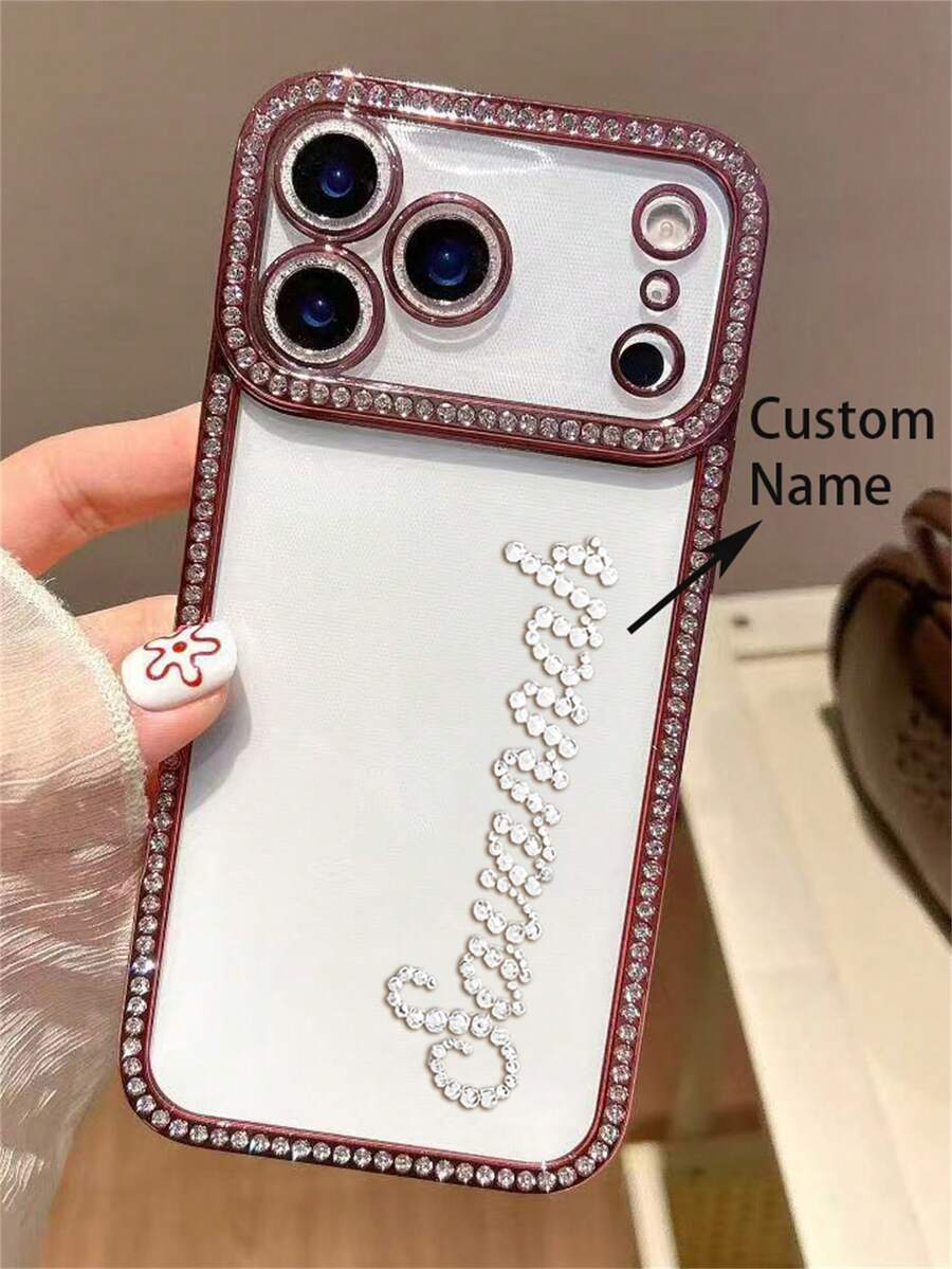 [Custom] Personalized Luxury Shiny Transparent Crystal Rhinestone Letter Name Design Phone Case, Suitable For IPhone 17/16/15/14/13/12 Pro Max/14/15/16 Plus, Shock-Proof Protective Cover - Red - View 1