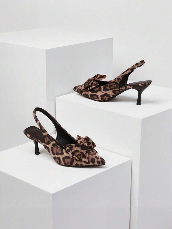 Sandalias de moda de ante con estampado de leopardo, tacones altos con lazo y punta abierta para mujer, tallas grandes cómodas para fiestas