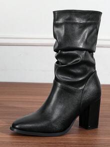 女士粗跟宽松圆头绒面高筒靴，新款秋冬中筒骑马靴，高跟粗跟/细跟 - 黑色 - 查看 14