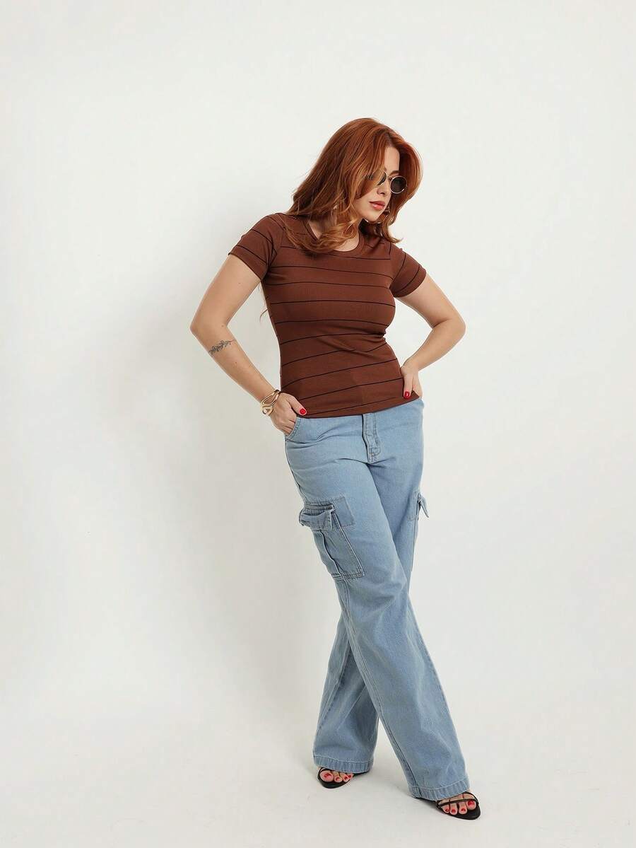 Women's Striped Ribbed Polyester T-Shirt With A Soft Touch - 棕色條紋 - 查看 1