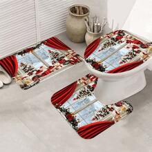 1/3/4pcs Christmas Winter Shower Curtain Set With Gift Balls, Snowflake, And Bow, Red And Green Polyester Fabric, Washable, U-Shaped Toilet Lid Cover, Non-Slip Bath Mat, Festive Holiday Bathroom Decor With 12 Hooks - Multicolor - View 13