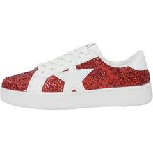 Niluber Star Sneakers For Women Low Top Cushioned White Gold Sliver Leopard Platform Sneakers Lace Up Red Glitter Platform Party ShoesChristmas - 紅色閃光 - 查看 7
