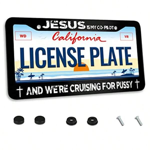 Jesus Is My Copilot And We're Cruising For Pussy License Plate Frame Funny Christianity Stainless Steel For Car Decorative Parts License Plate For Standard Us Canada Holder Unisex