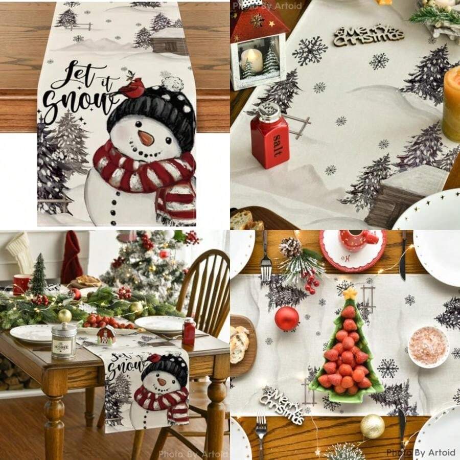 Artoid Mode - Camino de mesa de Navidad con diseño de árbol de Navidad con muñ de nieve, diseño de muñ de nieve, decoración de mesa de comedor, para decoración del hogar, fiesta, 13 x 72 pulgadas(13" x 36", Table Runner Negro) - Multicolor - Ver 1
