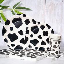 Black & White Cow Print Disposable Plate, Napkin, Cup Set, Plates, Napkins And Cups Party Supplies, Serves 8 Guests, Disposable Paper Plates Party Tableware Suitable For Birthday, Wedding, Theme Party, Family Picnic - Multicolor - View 3
