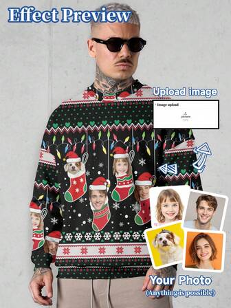 Sudadera con capucha personalizada para hombres, se pueden personalizar patrones, retratos de hombres, mujeres, niños, mascotas, dibujos animados, con temas navideños. Interesante sudadera de hombre.