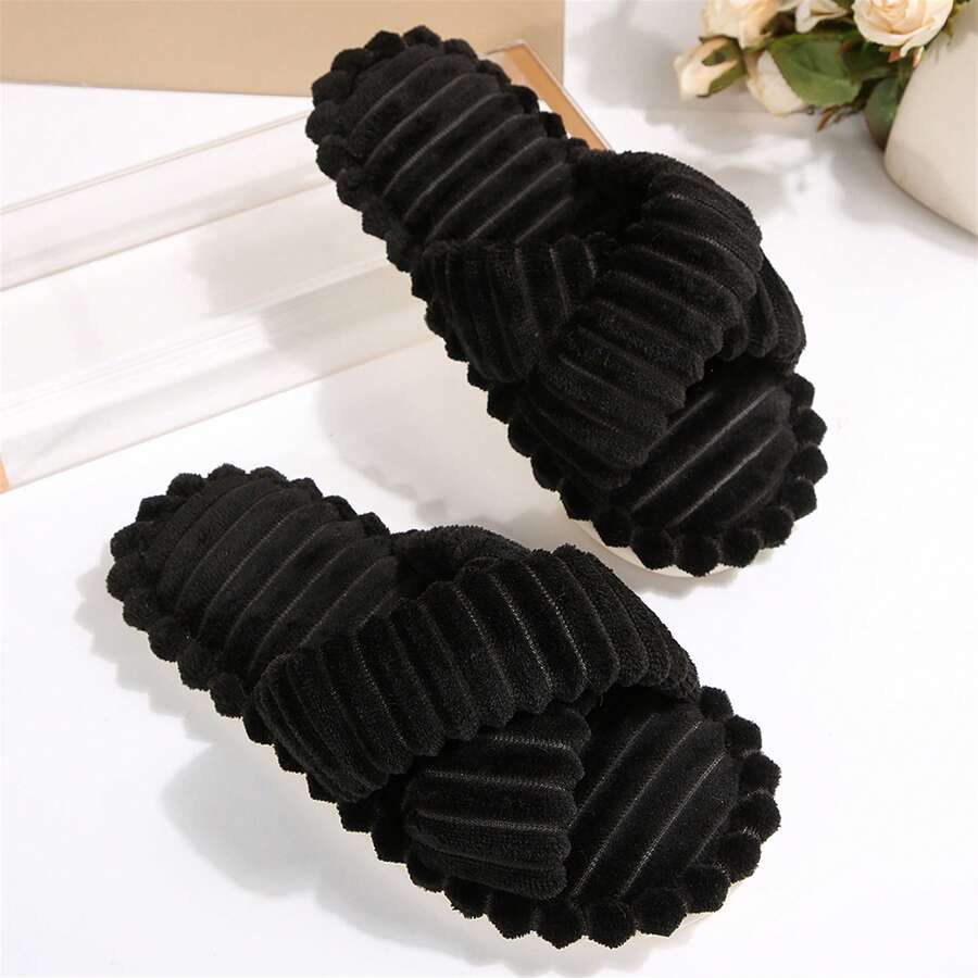 Fall Winter Womens Memory Foam Slippers Open Toe Slide Shoes For Indoor Outdoor House Cotton Fuzzy Bedroom Slippers - màu đen - Xem 1