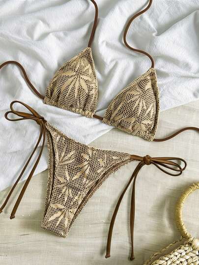 Conjunto de bikini de 3 piezas con parte superior de halter con nudo en la espalda y falda con nudo lateral de tela semitransparente con un poco de estiramiento para mujer, estilo bohemio