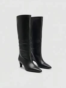 2025秋冬新款小猫跟骑马靴，尖头过膝长靴，英伦风 - 黑色 - 查看 2