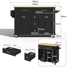 Carrito de cocina multifuncional con encimera plegable, 120*65 cm expandible, con 5 cajones, gabinetes, soporte para especias y toallas, sobre ruedas - Isla de cocina para cocina, comedor y sala de estar - Negro+Natural+MDF+Cocina - Ver 8