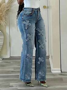 Jeans rectos de moda casual con botones e impresión cruzada para mujer