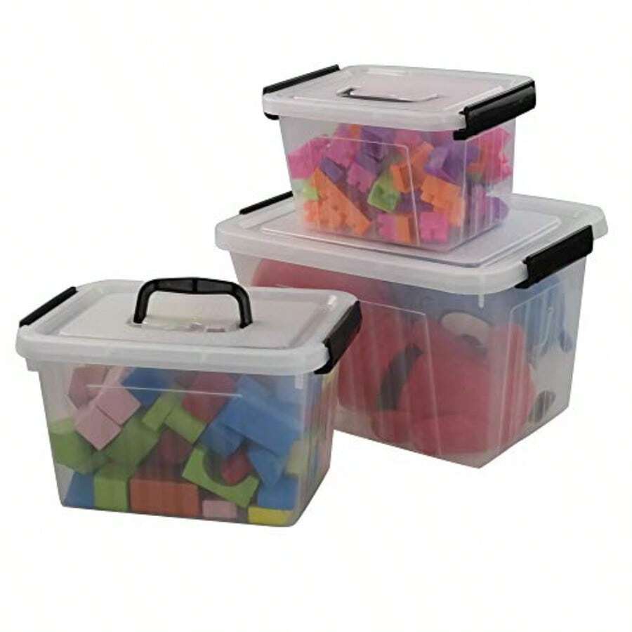 Plastic Storage Bins With Handles 3 Pack Clear Latching Box 12 Quart 6 Quart 3.5 Quart