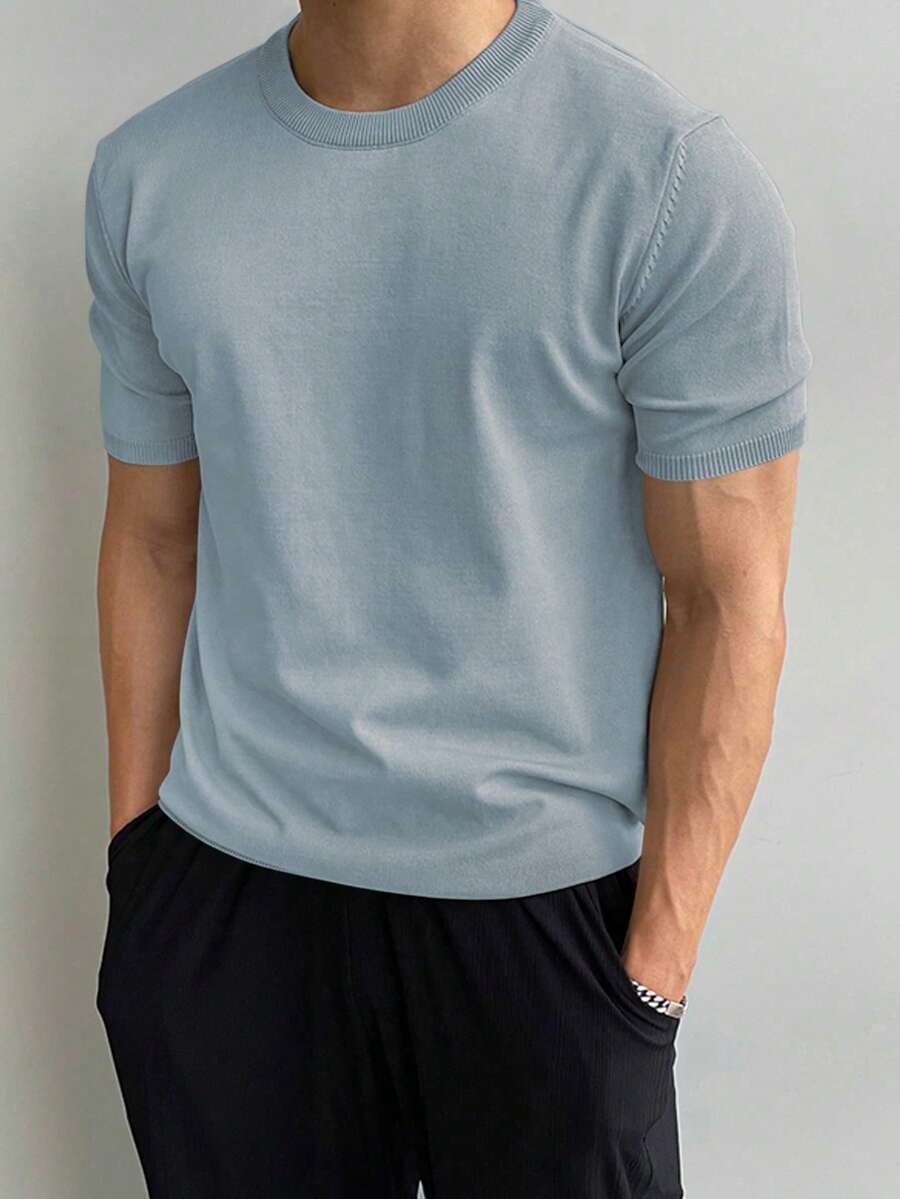 Men's Casual Solid Color Short Sleeve Pullover Knit Top, Spring/Summer
