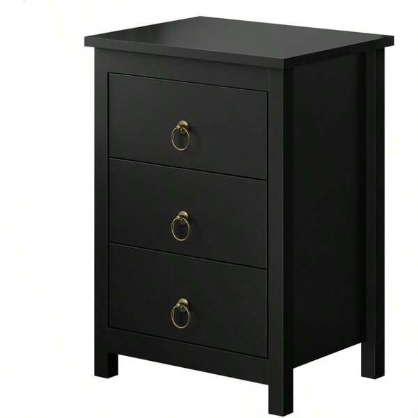 Bedside Table With 3 Drawers And Pull Ring Handles Nightstand Cabinet 50cm X 39cm X 68.5cm Wooden Storage Organiser Side Chest End Table For Hallway Bedroom And Living Room Black