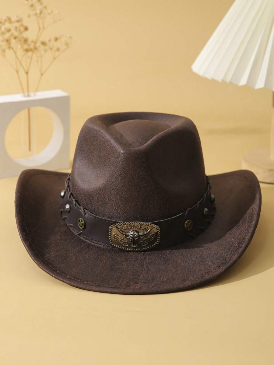 1pc Unisex Cattle Head & Belt Decor Wide Brim Handmade Panama Hat PU Cowgirl Hat Cowboy Hat Western Suitable Soft Felt Hat Fedora Hat For Outdoor - Cà phê nâu - Xem 1