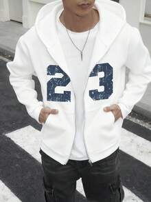 Men's Casual Comfortable Numeric Pattern Printed Zip-Up Hoodie, Thermal Lined, Autumn/Winter, Long Sleeve Top - White - View 3