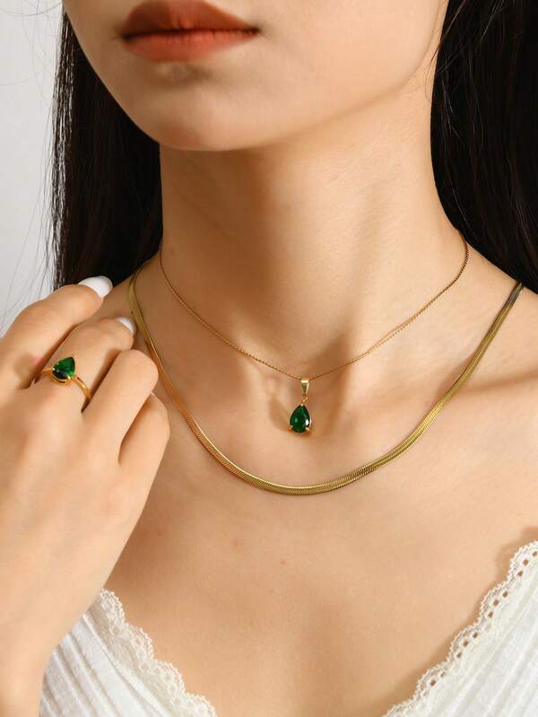 3pcs Elegant Stainless Steel Green Gemstone Jewelry Set Including Necklace & Ring, Suitable For Women's Daily Wear, Festivals, Dates, Engagements, Weddings, Gift