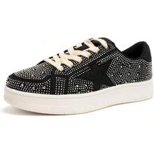 Niluber Star Sneakers For Women Low Top Cushioned White Gold Sliver Leopard Platform Sneakers Lace Up Red Glitter Platform Party ShoesChristmas - 黑色水鑽 - 查看 12