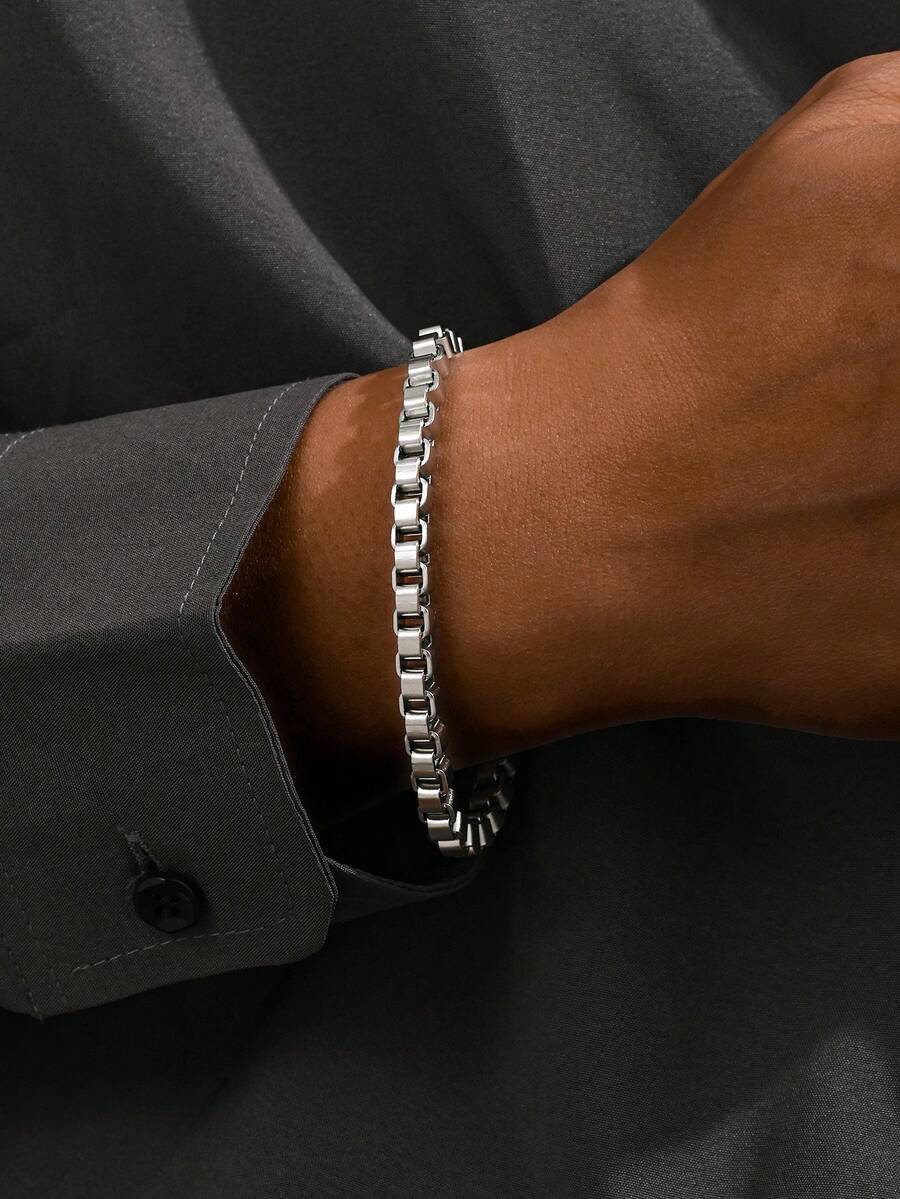 1 buah Gelang Rantai Kotak Stainless Steel, Aksesori Fesyen Jalanan Bergaya untuk Pria, Penting untuk Festival Musik dan Streetwear - Perak - View 1