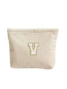 Nécessaire de viagem em veludo cotelê creme com letras bordadas - Estojo de maquiagem de grande capacidade em veludo cotelê com iniciais bordadas de A a Z, organizador de artigos de higiene pessoal com zíper, porta-pincéis de maquiagem, estojo portátil para lápis e artigos de papelaria, textura macia e acolchoada em veludo cotelê, nécessaire leve para mulheres, adolescentes e estudantes, essencial para a volta às aulas. - Bege - Ver 34