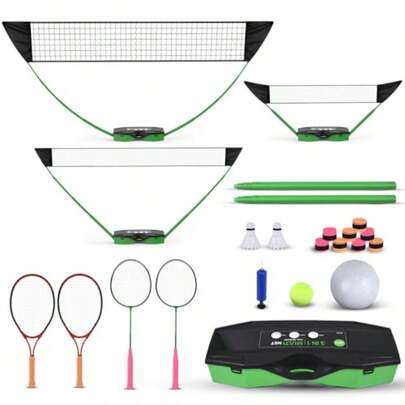 Portable Badminton Volleyball Tennis Net Set 3 In1 With1 Volleyball2 Badminton Rackets 2 Tennis Rackets 1 Tennis Ball 8 Grip Tape 2 Shuttlecocks Or Portable Storage Base Backyard Beach Sports