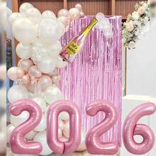 115/4/2件套白色和粉色新年派对气球装饰套装，包含32英寸粉色“2026”数字气球和香槟色气球、珠光白色和粉色拍照道具、气球花环和金属流苏帘。适用于2026年新年庆祝活动、室内/室外背景装饰、派对装饰。 - 彩色 - 查看 3