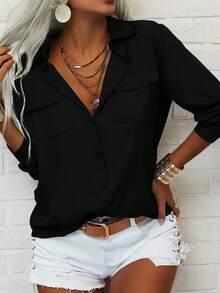 Elegant Women's Shirts, Women's Shirts, Party Tops, Minimalist Rural Style Women's Clothing, Club Tops, Holiday Clothing - 黑色 - 查看 2