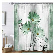 Rustic Farmhouse Shower Curtain, Farm Sage Green Daisy Floral Flowers And Butterfly On Country Wooden Shower Curtain For Bathroom, Turquoise Teal Gray Grey Shower Curtain With 12PCS Hooks, 70X75IN - 多色562 - 查看 1