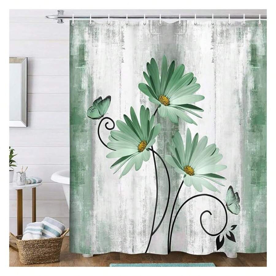 Rustic Farmhouse Shower Curtain, Farm Sage Green Daisy Floral Flowers And Butterfly On Country Wooden Shower Curtain For Bathroom, Turquoise Teal Gray Grey Shower Curtain With 12PCS Hooks, 70X75IN - 多色562 - 查看 1