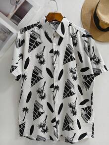 Men's Hawaiian Floral Beach Shirt, Summer Style, Short Sleeve, Button-Down, 100% Viscose Fabric (Shrinks A Little). - 黑與白 - 查看 1