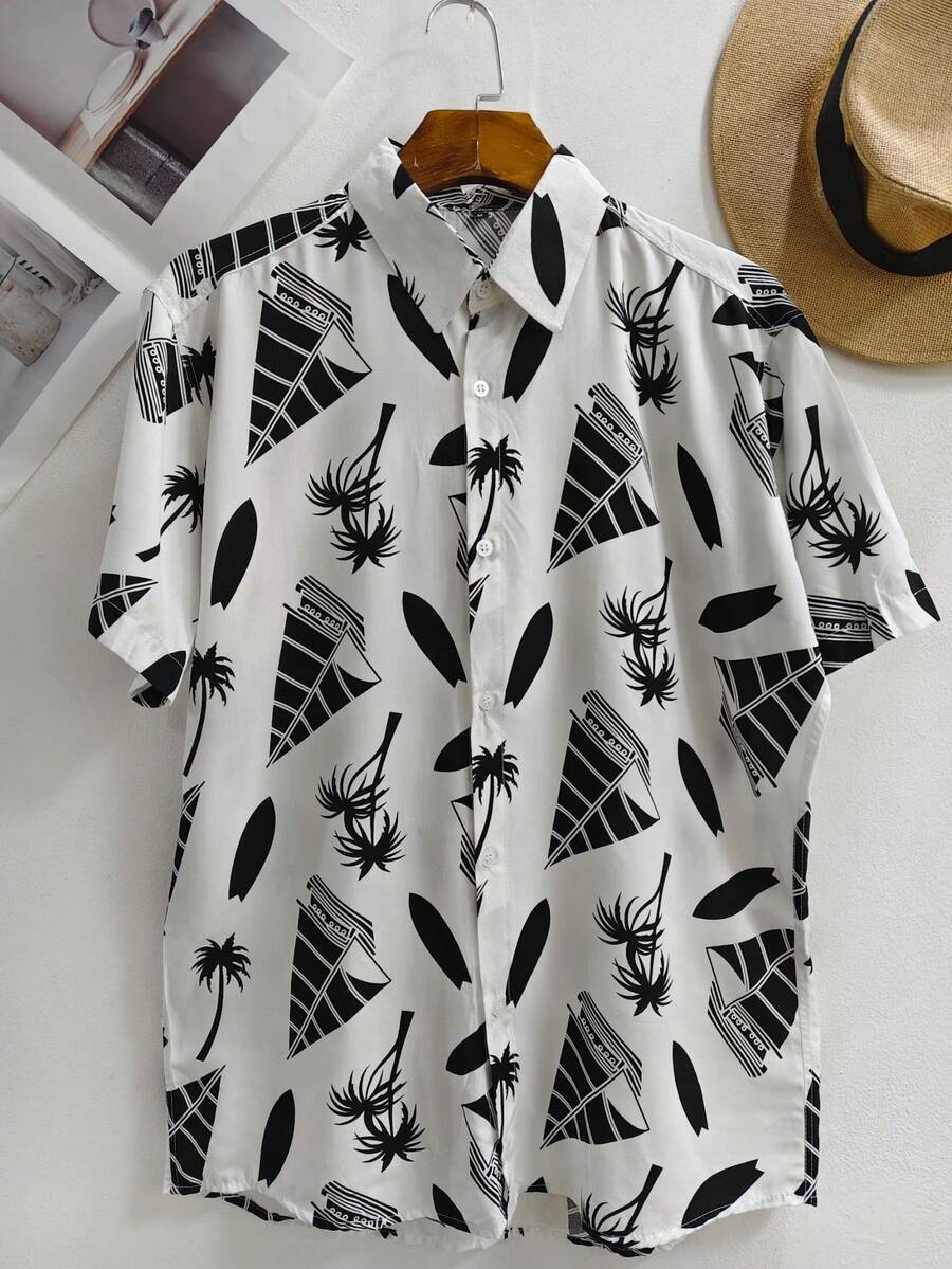 Men's Hawaiian Floral Beach Shirt, Summer Style, Short Sleeve, Button-Down, 100% Viscose Fabric (Shrinks A Little). - 黑與白 - 查看 1