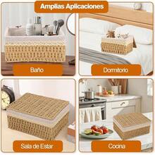 Juego de Cestas de Almacenaje, 3 Piezas Canastas Organizadoras con tapa, Cestas de tejidas a mano para almacenamiento para Diseño Higiénico y Decorativo para Hogar, Dormitorio y Baño - Beige - Ver 8