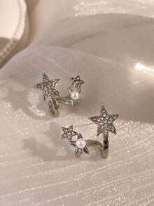 2pcs Fashionable Y2k Style Star, Rhinestone & Simulated Faux Pearl Clip-On Earrings For Party, Date, Gift, Daily Wear - Silver - View 4
