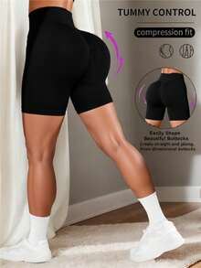 Pantalones cortos deportivos para mujeres, pantalones cortos deportivos para mujeres de cinturón ancho, sin costura, alta elasticidad, caderas levantadas, rápido, seco y transpirable, pantalones cortos para gimnasios, pantalones cortos para bicicletas, adecuados para correr, montar, yoga, squash, ejercicio y uso diario - Negro - Ver 1