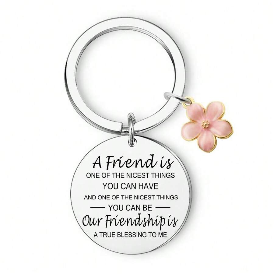 1 móc khóa thép không gỉ hình bạn bè có mặt dây chuyền hình hoa, quà tặng phụ kiện cho bạn gái, chị gái - Bạc - Xem 1