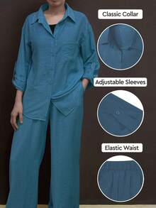 2 件休闲度假套装：纯色透气 Polo 领衬衫上衣 + 宽松腰部阔腿裤，舒适柔软面料，适合海滩、工作、通勤、日常穿着 - 寶藍色 - 查看 2