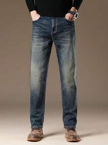 Men's 100% Cotton Slim Fit Straight Leg Jeans Solid Color Slim Fit Style Dark Denim Long-Length Solid Color Vintage Washed Workwear Pants Husband/Boyfriend Gift Work/Outings/Urban/Vacation/Campus Wear Solid Color Regular Fit Pocket Zipper & Button Design Christmas Gift For Husband & Father Men's Jeans - (32L) Vintage Blue Tall Fit - 查看 8