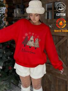 Versatile Round Neck Sweatshirt, Women's Autumn/Winter Fleece, Christmas Tree Print - Bright Red - View 4