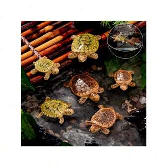 4件套可爱乌龟一家漂浮装饰品 - 迷你水族箱装饰品，适用于池塘和水族箱，逼真的漂浮花园装饰品，创意礼品