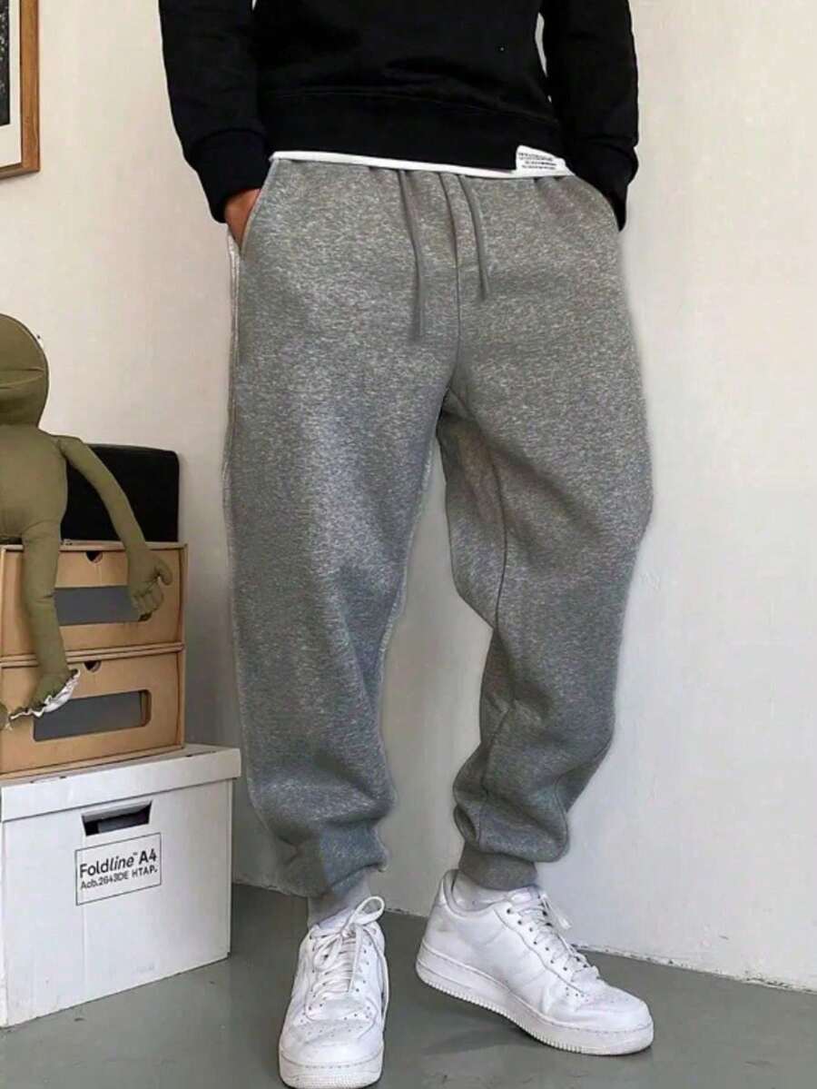 Men's Slim Fit Jogger Sweatpants With Pockets And Cuffs, Unisex, On - Màu xám đen - Xem 1