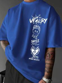 Men's Oversized Streetwear T-Shirt With "Victory &  Face" Slogan Print - Black And White Graffiti Design On The Back, Loose Casual Fit For Summer, Gym, Running Or Parties – Soft And Breathable Crew Neck Shirt (VICTORY/SMILE/RELAX!) - 藍色 - 查看 2