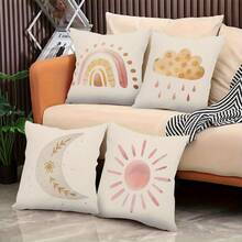 4 Packs Vintage Style Single-Side Print Throw Pillow Covers - 17.7x17.7 Inches, 2D Digital Printing, Unique Rainbow, Rain, Sun & Moon Designs, Machine Washable With Zipper, Woven Decorative Cushion Cases For All Room Types Featuring, Not Insert Included - Multicolor - View 6