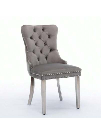 Furniture, Nikki Moderne Collection, High End Upholstered Solid Wood Contemporary Dining Stoel Chrome Stainless Steel Legs Nail Ornament, Set Of 2, Grijs Chrome, DE1701GY view 3