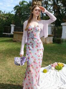 Women's Floral Print Contrast Lace Front Tie Fitted Camisole Dress, Vacation - Blue - View 3