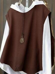 Plus Size Casual Solid Color Crew Neck Knit Sweater Vest - Brown - View 2