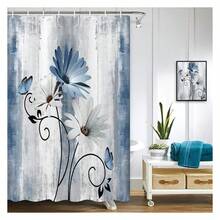 Rustic Farmhouse Shower Curtain, Farm Blue Daisy Floral Flowers And Butterfly On Country Wooden Shower Curtain For Bathroom, Turquoise Blue Bathroom Shower Curtains With 6PCS Hooks, 36X70IN - 多色550 - 查看 1